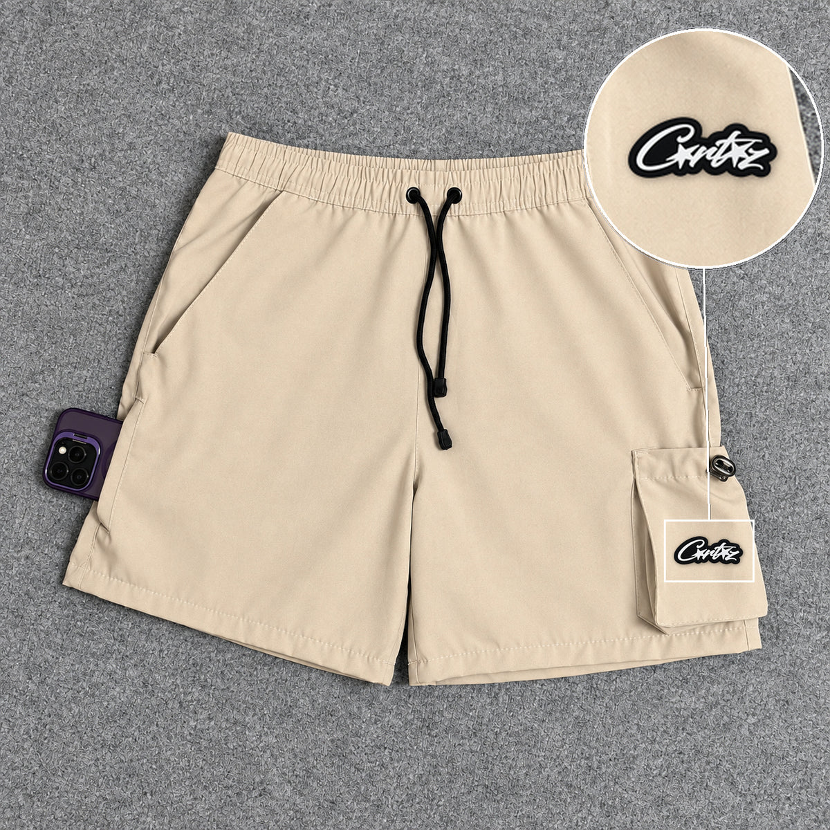 Short Cargo Elastano Tech Bege com patch Cortez Escrito