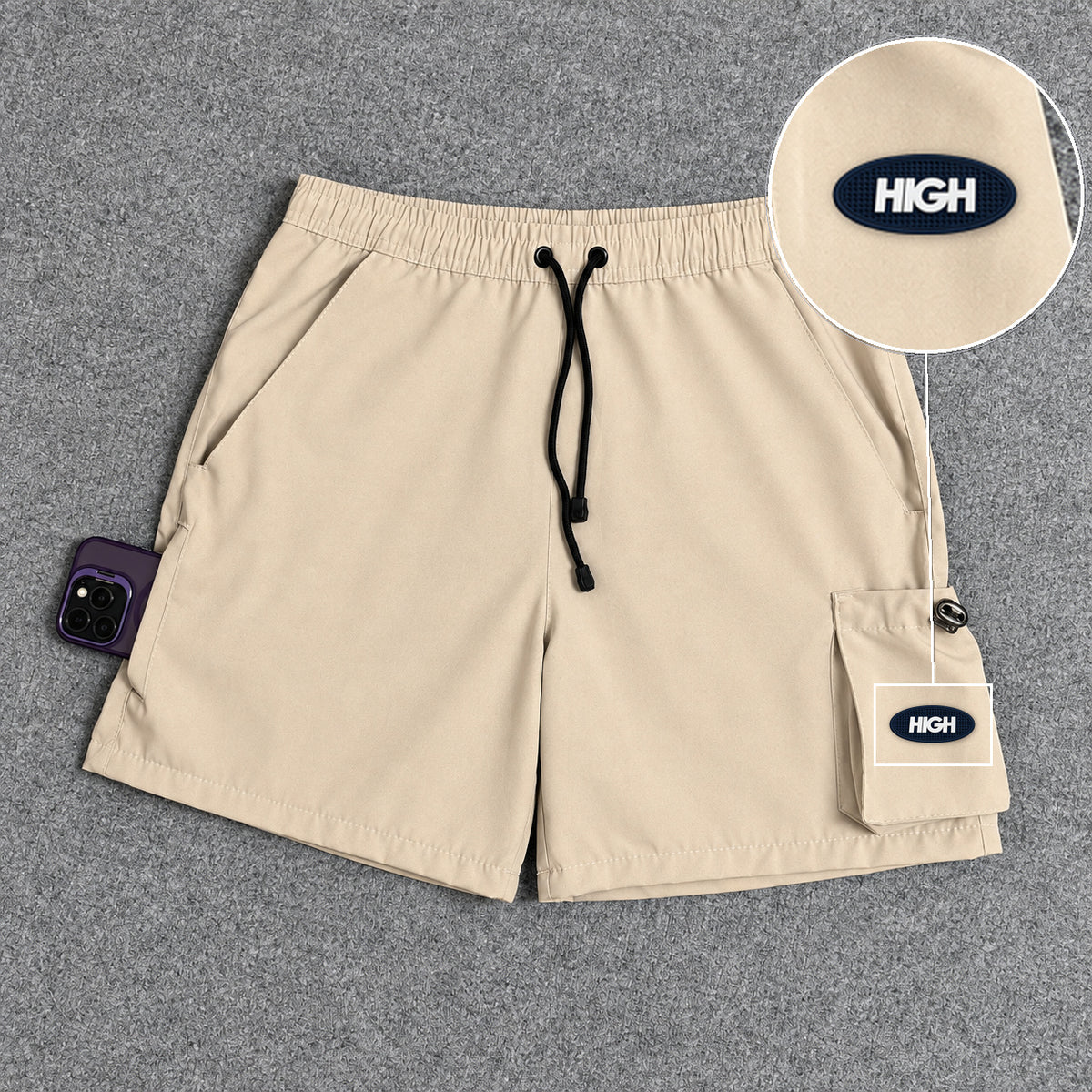 Short Cargo Elastano Tech Bege com patch High Oval