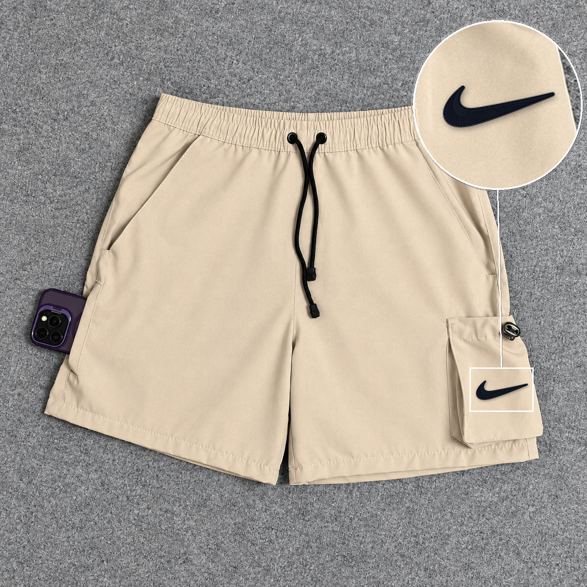 Short Cargo Elastano Tech Bege com patch Nike Facao Sp Preto