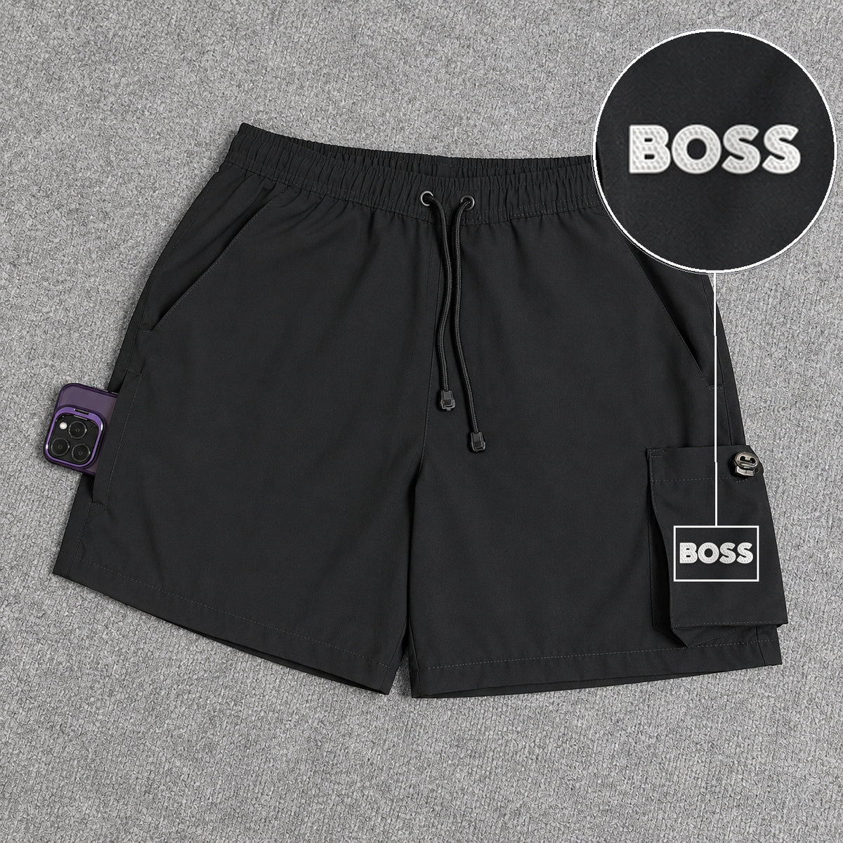 Short Cargo Elastano Tech Black com patch Boss Sp Branco