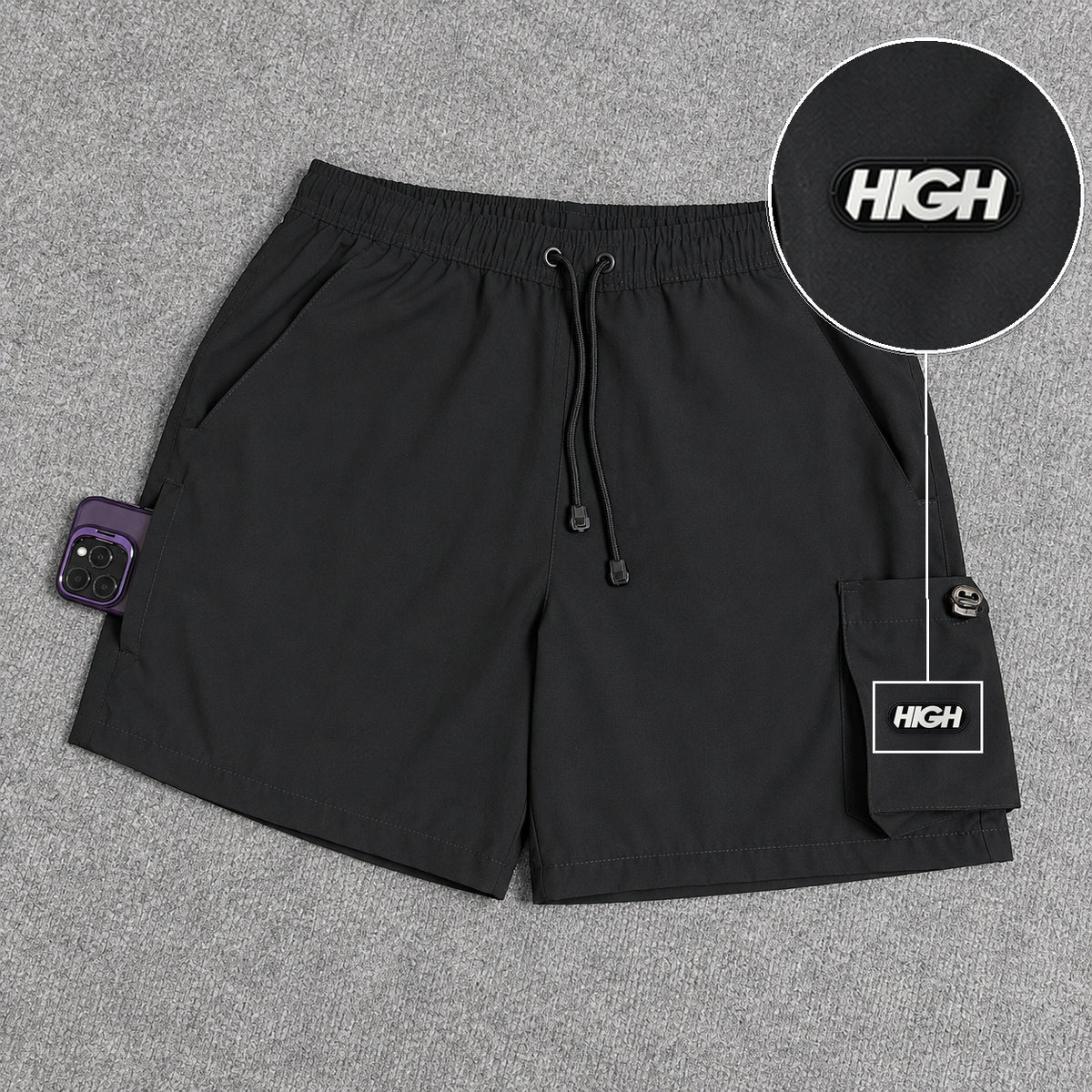 Short Cargo Elastano Tech Black com patch High Resina Oval Preta