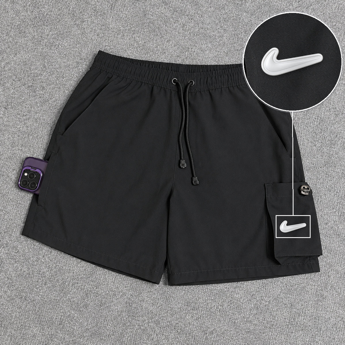 Short Cargo Elastano Tech Black com patch Nike Facao Sp Branca