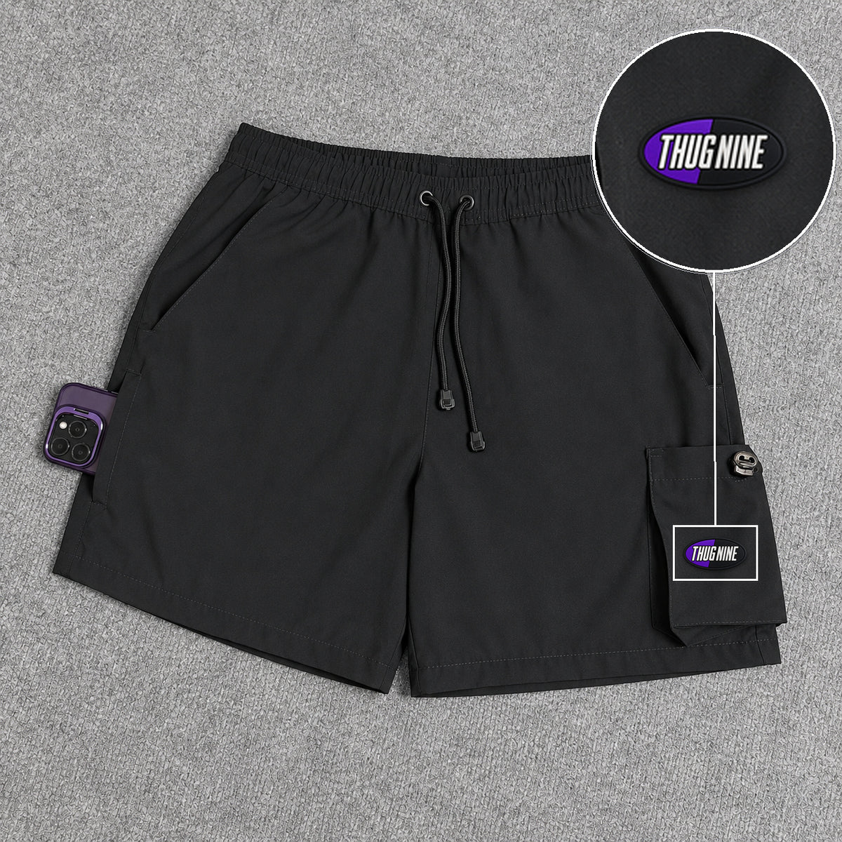 Short Cargo Elastano Tech Black com patch Thug Nine Oval Preto Com Roxo