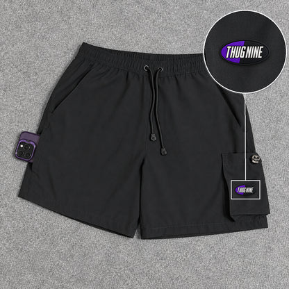Short Cargo Elastano Tech Black com patch Thug Nine Oval Preto Com Roxo