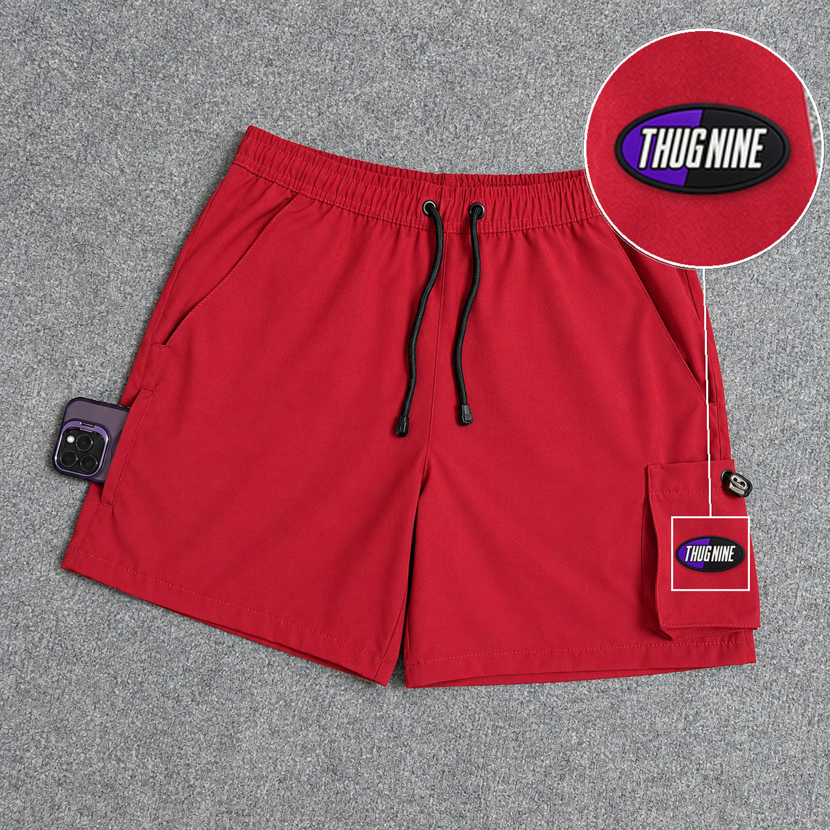 Short Cargo Elastano Tech Red com patch Thug Nine Oval Preto Com Roxo