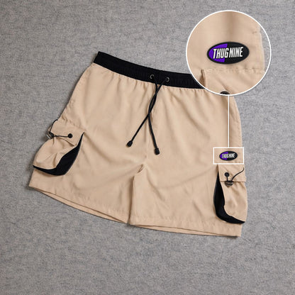 SHORT CARGO FOLLER COM REGULADOR BEGE com patch Thug Nine Oval Preto Com Roxo