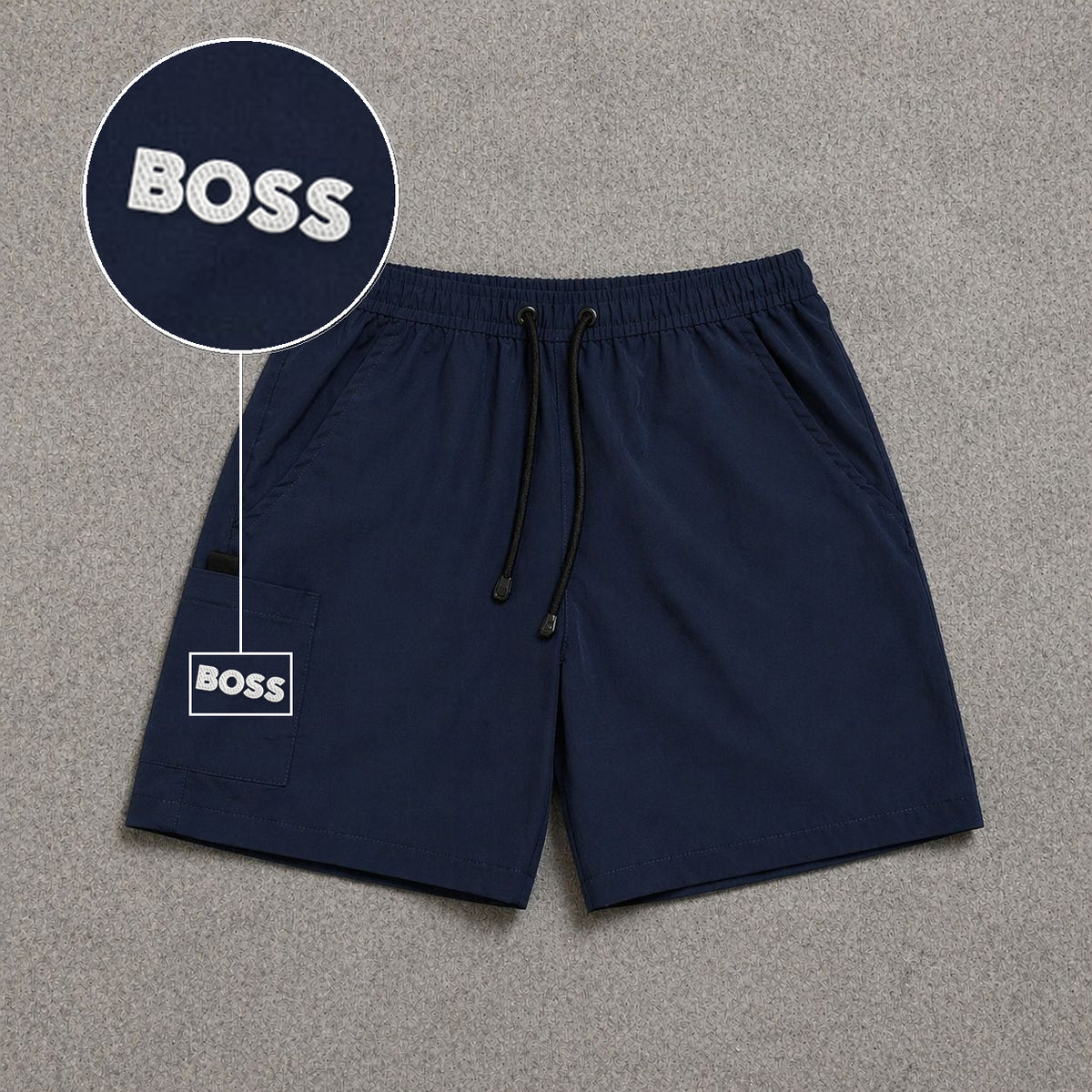 Short Cargo Street com Bolso Funcional Azul Escuro com patch Boss Sp Branco