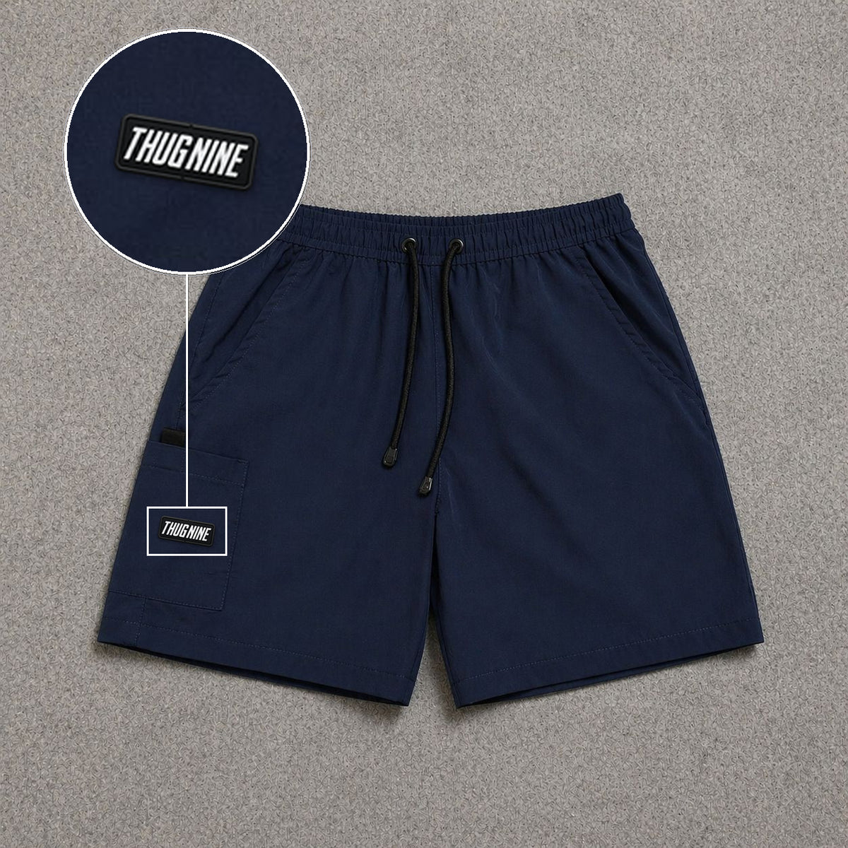 Short Cargo Street com Bolso Funcional Azul Escuro com patch Thug Nine Retangular