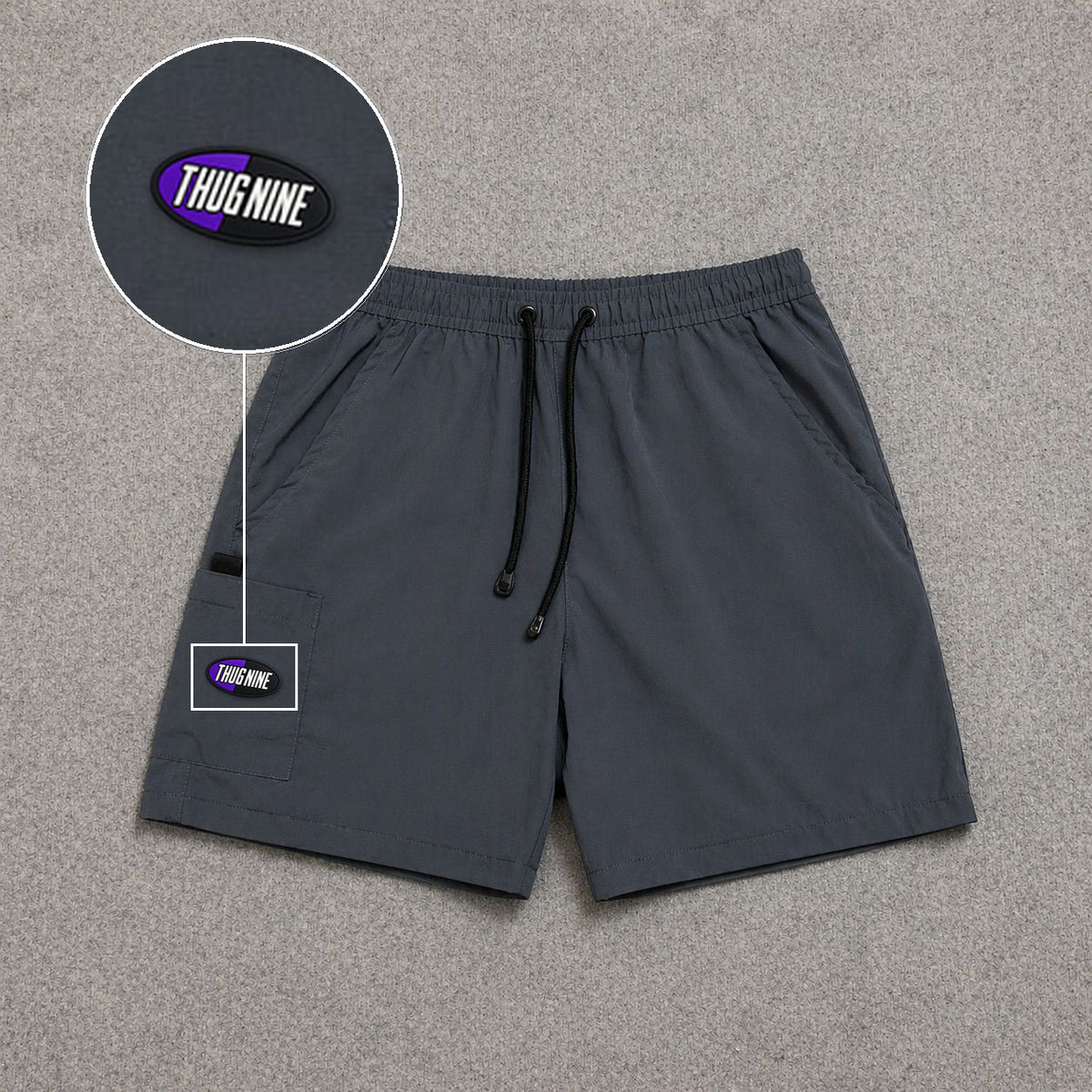 Short Cargo Street com Bolso Funcional Cinza com patch Thug Nine Oval Preto Com Roxo