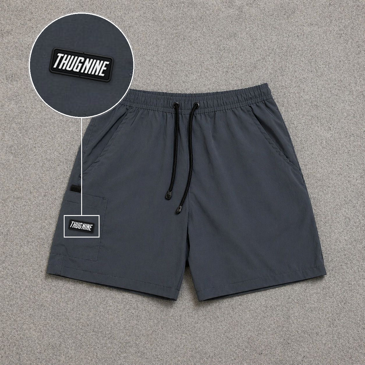 Short Cargo Street com Bolso Funcional Cinza com patch Thug Nine Retangular