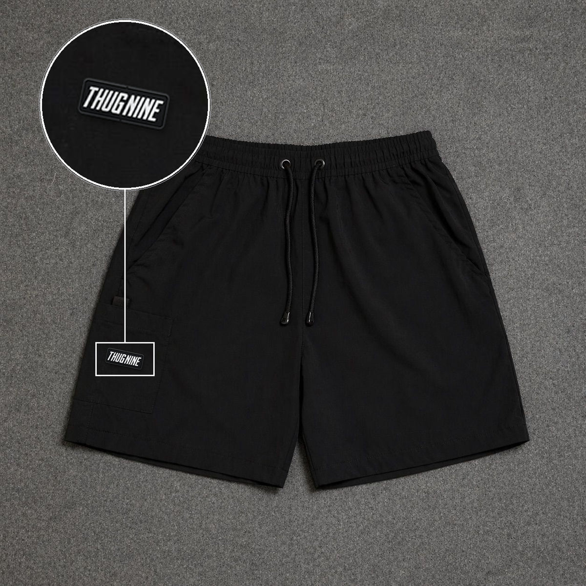 Short Cargo Street com Bolso Funcional Preto com patch Thug Nine Retangular