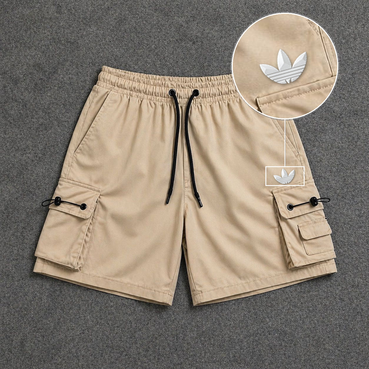 Short Cargo Streetwear Dual Pocket Bege com patch Adidas Branco