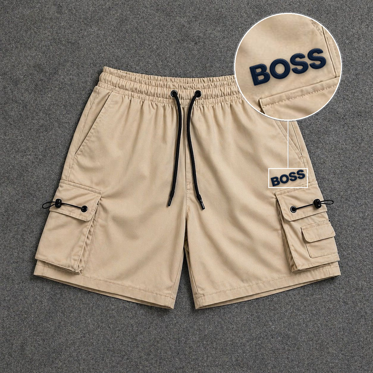 Short Cargo Streetwear Dual Pocket Bege com patch Boss Sp Preto