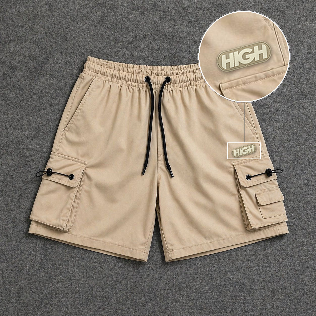 Short Cargo Streetwear Dual Pocket Bege com patch High Resina Oval Bege
