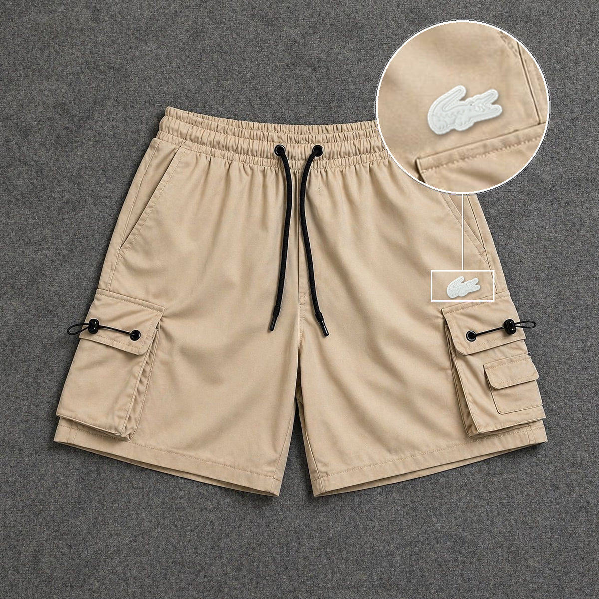 Short Cargo Streetwear Dual Pocket Bege com patch Lacoste Sp Branco