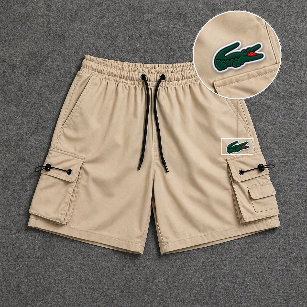 Short Cargo Streetwear Dual Pocket Bege com patch Lacoste Sp