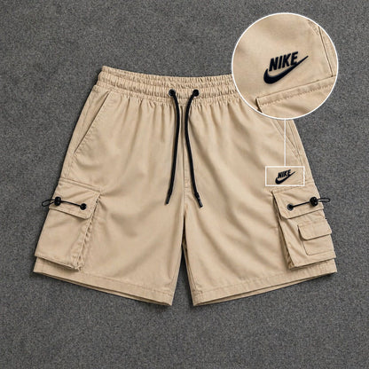 Short Cargo Streetwear Dual Pocket Bege com patch Nike Escrita Sp Preto
