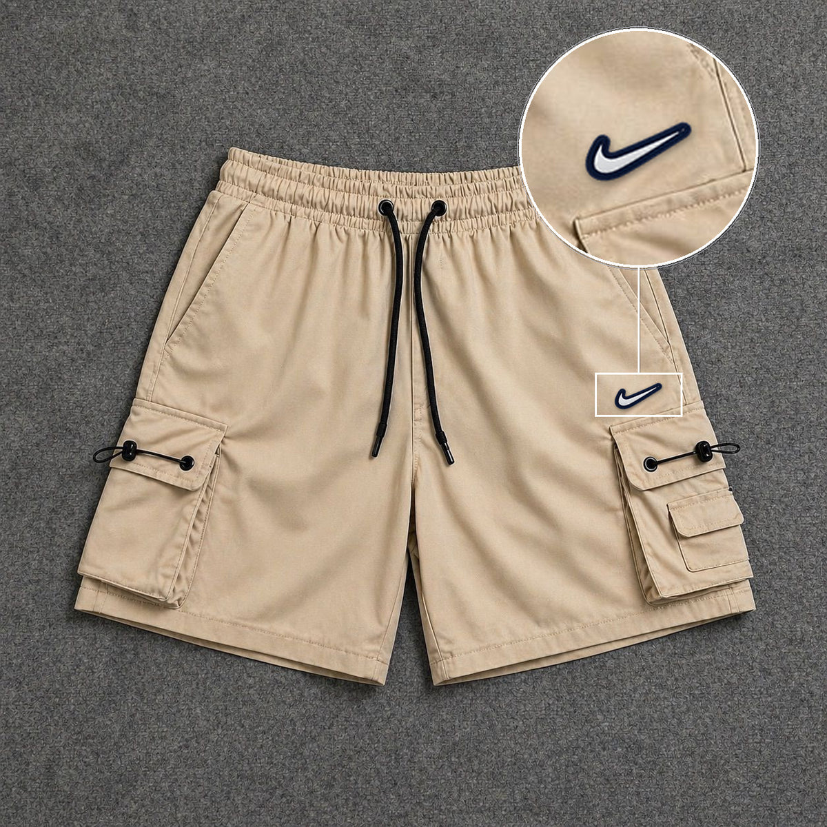 Short Cargo Streetwear Dual Pocket Bege com patch Nike Resinado B P