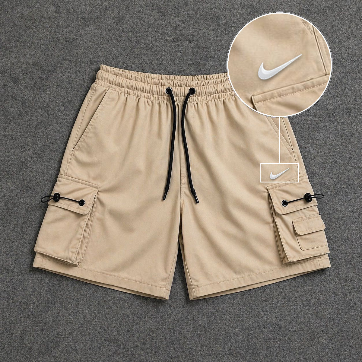 Short Cargo Streetwear Dual Pocket Bege com patch Nike Swoosh Branco