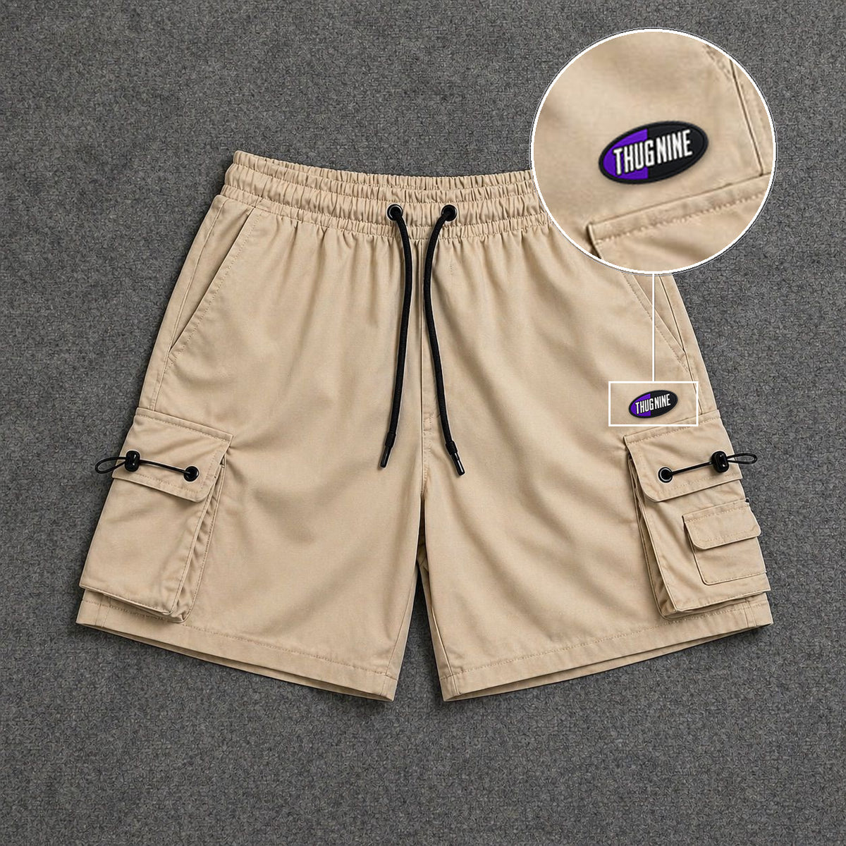 Short Cargo Streetwear Dual Pocket Bege com patch Thug Nine Oval Preto Com Roxo