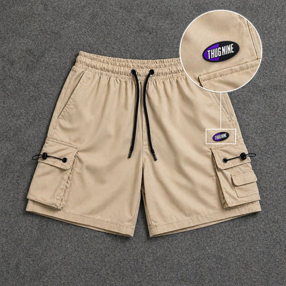 Short Cargo Streetwear Dual Pocket Bege com patch Thug Nine Oval Preto Com Roxo