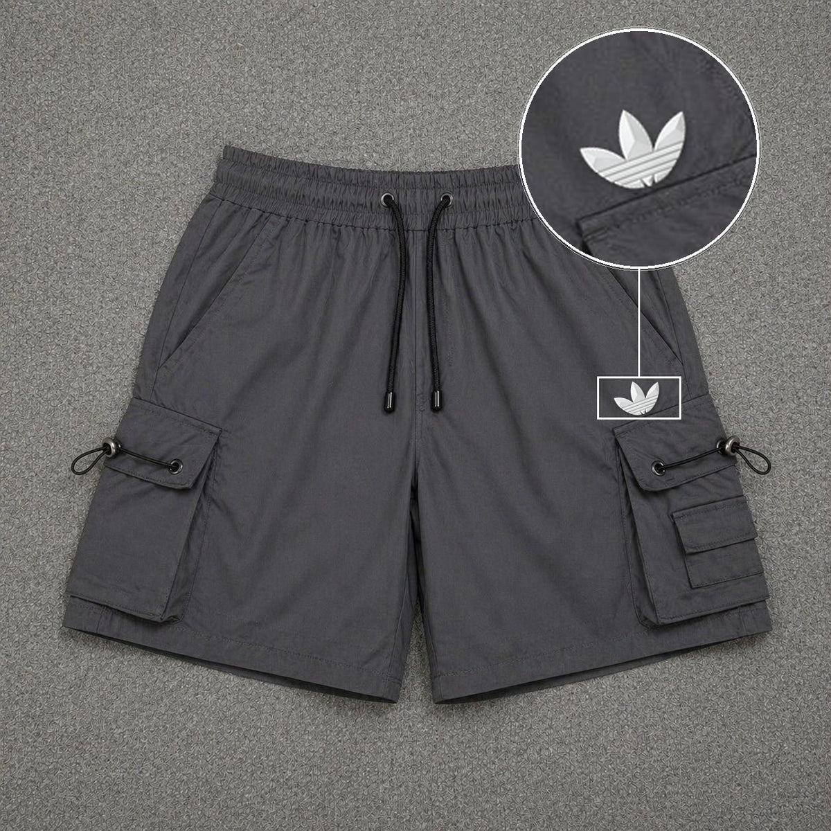 Short Cargo Streetwear Dual Pocket Cinza Chumbo com patch Adidas Branco