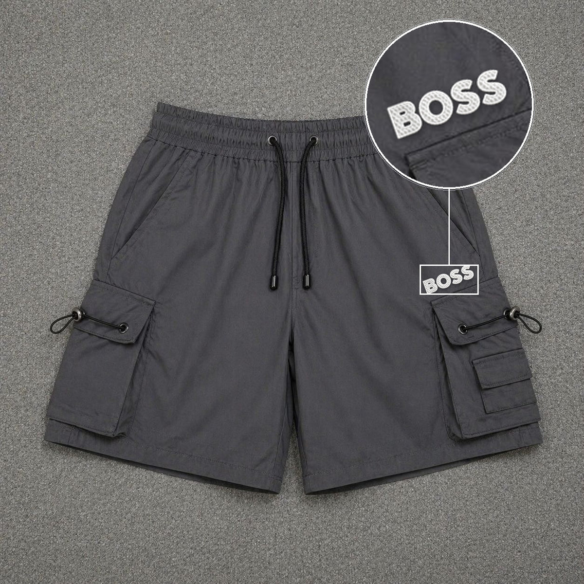 Short Cargo Streetwear Dual Pocket Cinza Chumbo com patch Boss Sp Branco