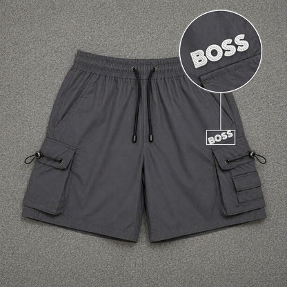 Short Cargo Streetwear Dual Pocket Cinza Chumbo com patch Boss Sp Branco