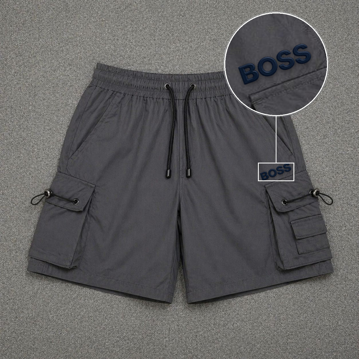 Short Cargo Streetwear Dual Pocket Cinza Chumbo com patch Boss Sp Preto