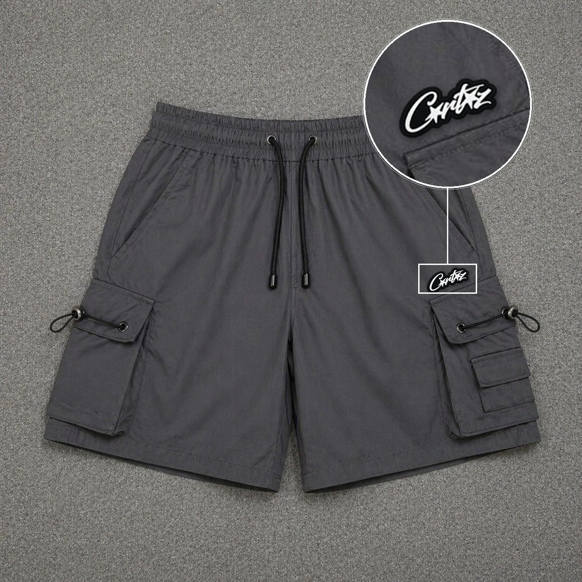 Short Cargo Streetwear Dual Pocket Cinza Chumbo com patch Cortez Escrito