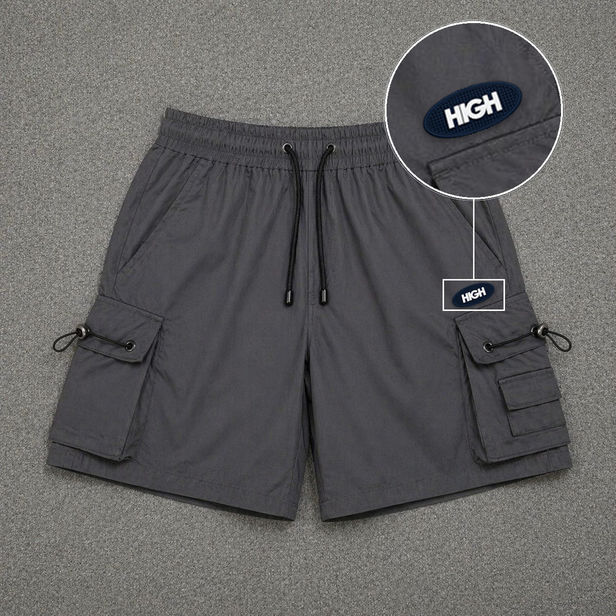 Short Cargo Streetwear Dual Pocket Cinza Chumbo com patch High Oval