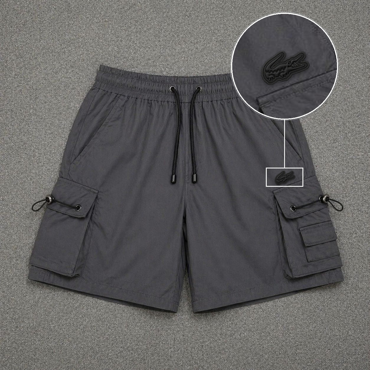 Short Cargo Streetwear Dual Pocket Cinza Chumbo com patch Lacoste Sp Preto