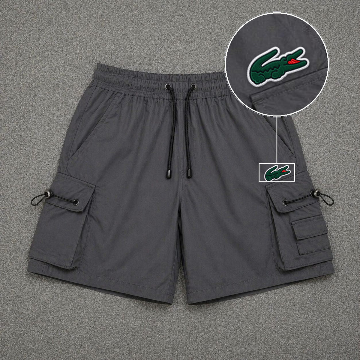 Short Cargo Streetwear Dual Pocket Cinza Chumbo com patch Lacoste Sp