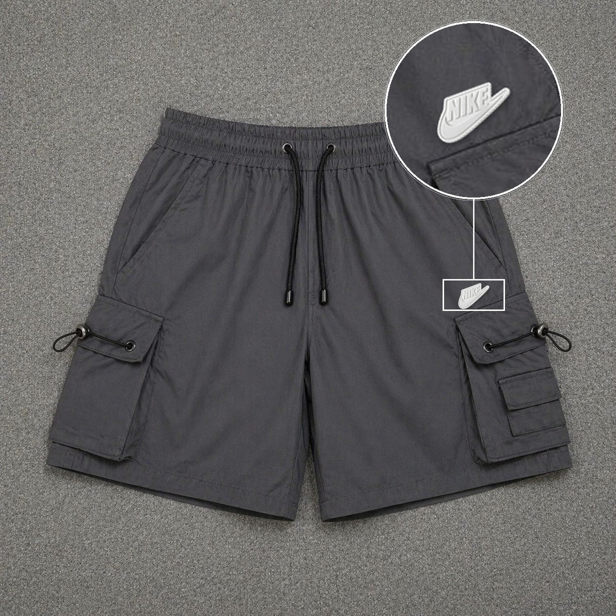 Short Cargo Streetwear Dual Pocket Cinza Chumbo com patch Nike Branco