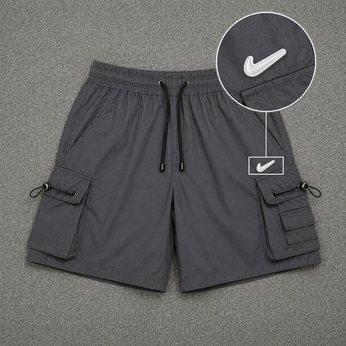 Short Cargo Streetwear Dual Pocket Cinza Chumbo com patch Nike Facao Sp Branca