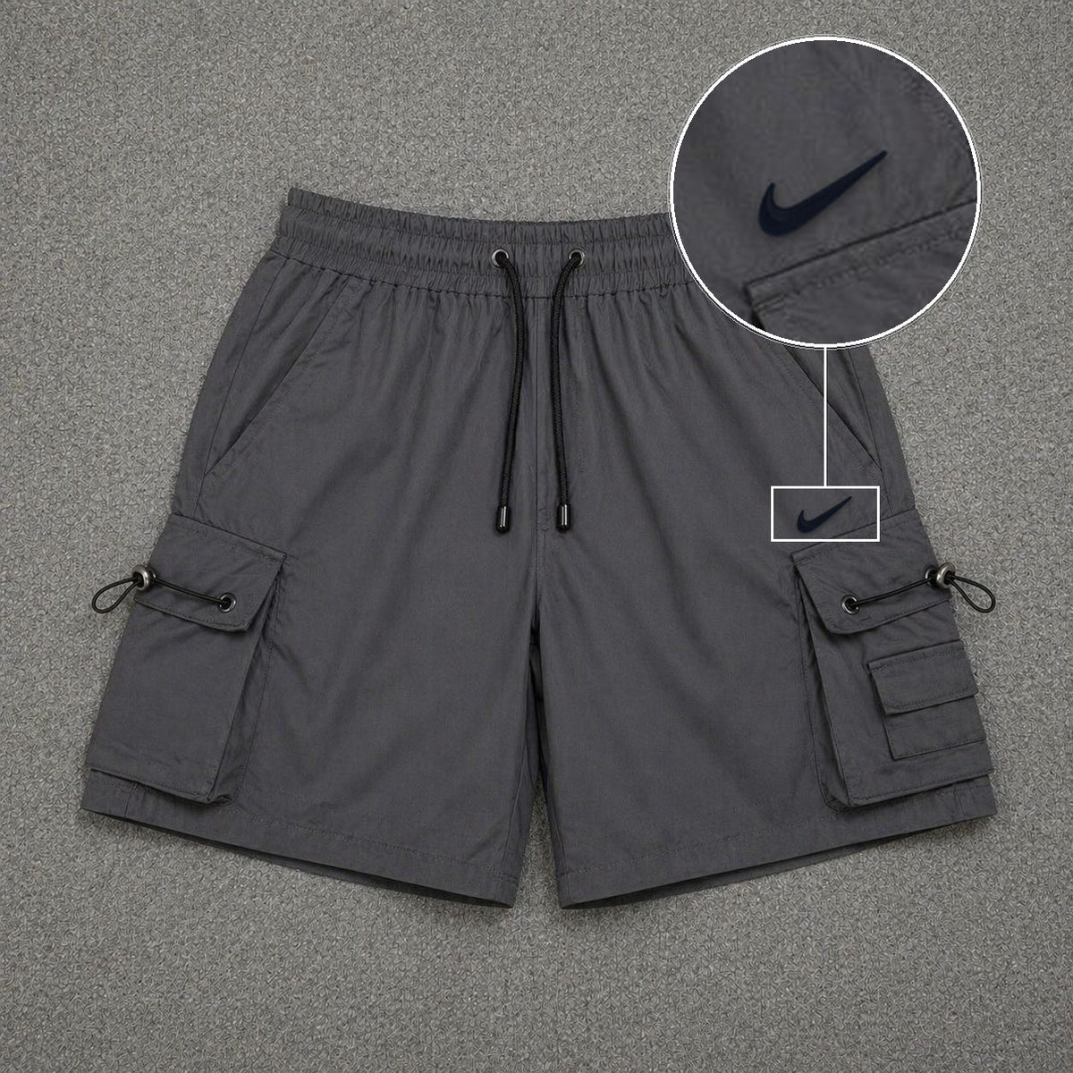 Short Cargo Streetwear Dual Pocket Cinza Chumbo com patch Nike Facao Sp Preto