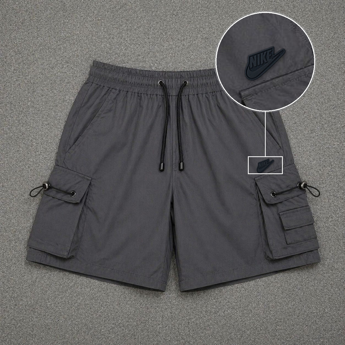 Short Cargo Streetwear Dual Pocket Cinza Chumbo com patch Nike Preto