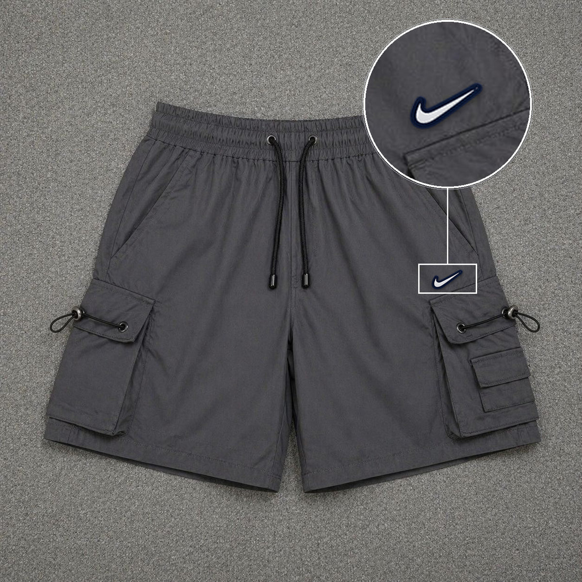 Short Cargo Streetwear Dual Pocket Cinza Chumbo com patch Nike Resinado B P