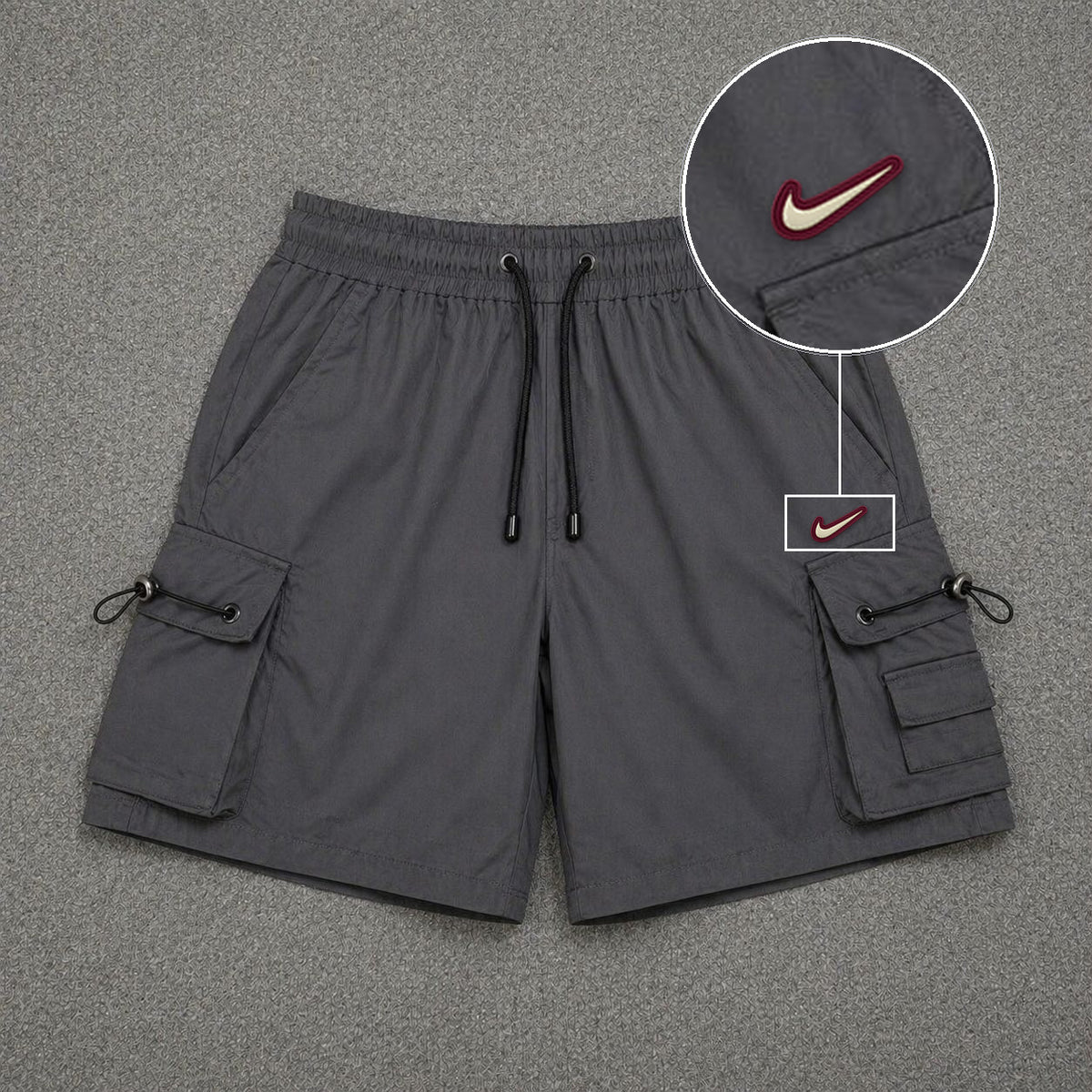 Short Cargo Streetwear Dual Pocket Cinza Chumbo com patch Nike Resinado Marrom