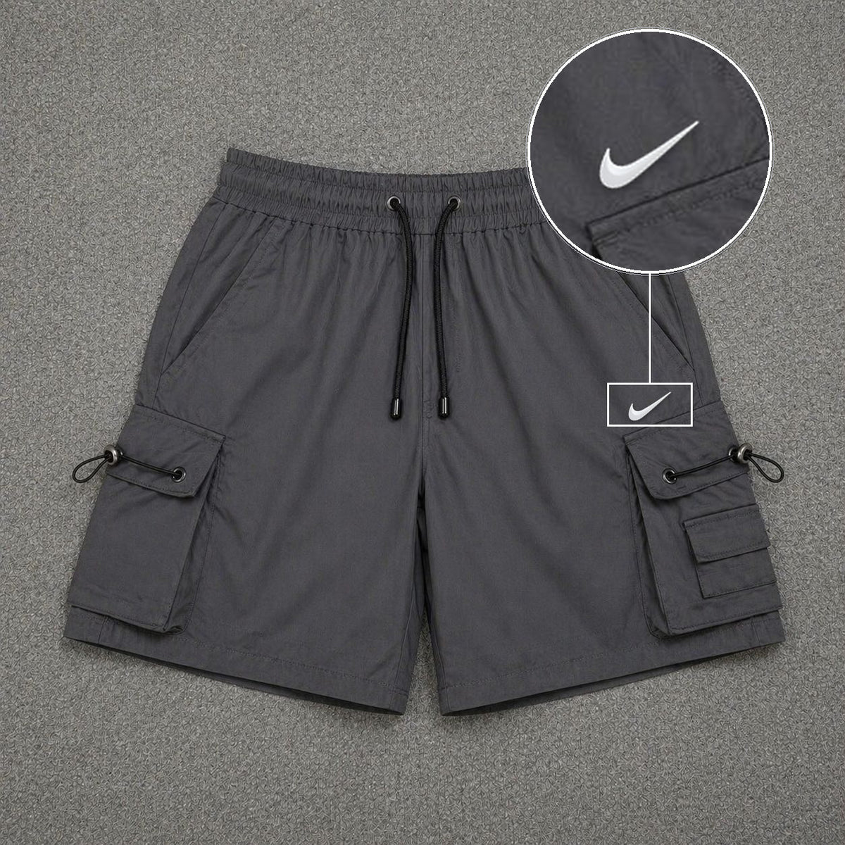 Short Cargo Streetwear Dual Pocket Cinza Chumbo com patch Nike Swoosh Branco