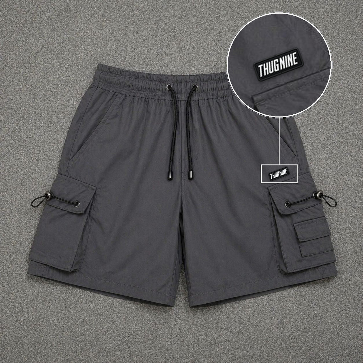 Short Cargo Streetwear Dual Pocket Cinza Chumbo com patch Thug Nine Retangular