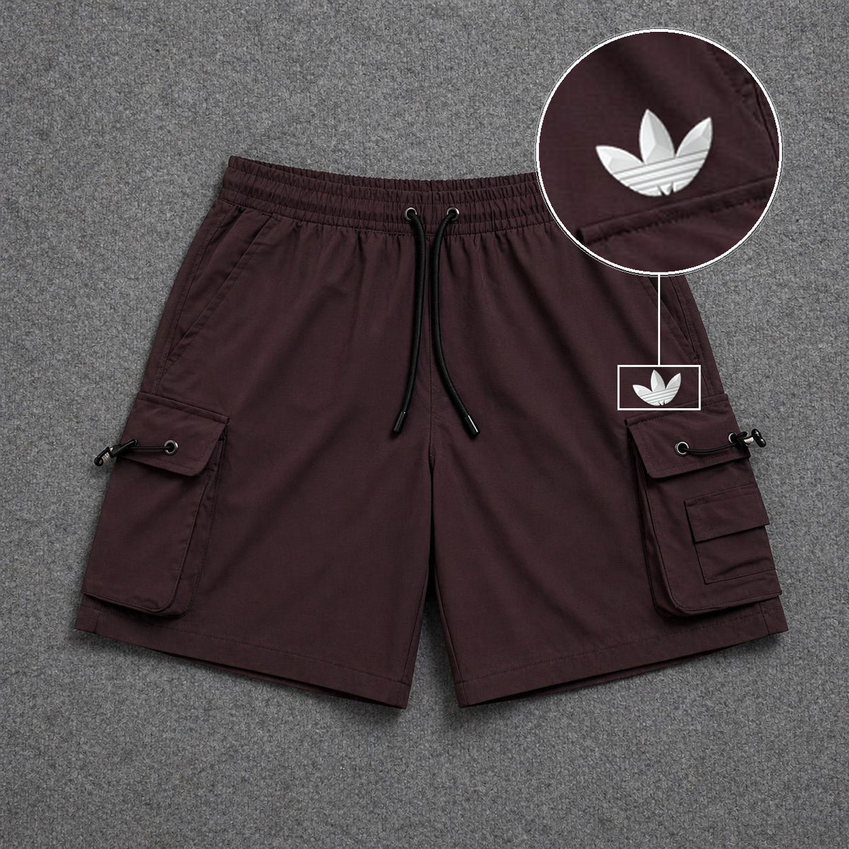 Short Cargo Streetwear Dual Pocket Marrom com patch Adidas Branco