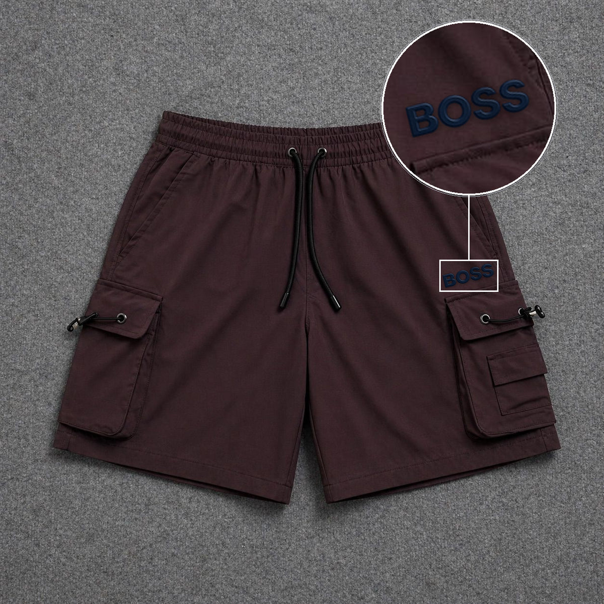 Short Cargo Streetwear Dual Pocket Marrom com patch Boss Sp Preto