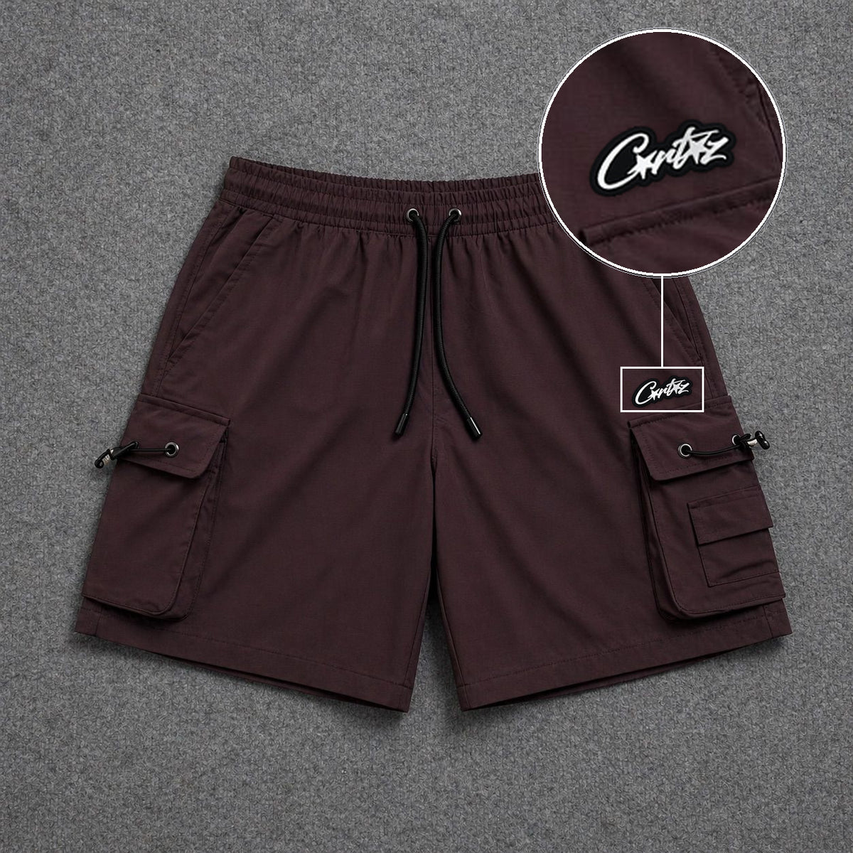Short Cargo Streetwear Dual Pocket Marrom com patch Cortez Escrito
