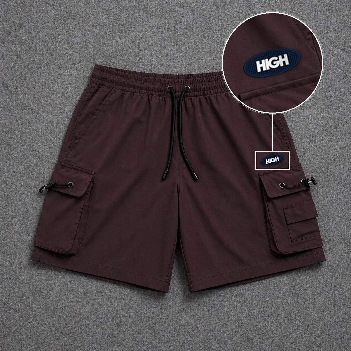 Short Cargo Streetwear Dual Pocket Marrom com patch High Oval