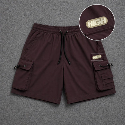Short Cargo Streetwear Dual Pocket Marrom com patch High Resina Oval Bege