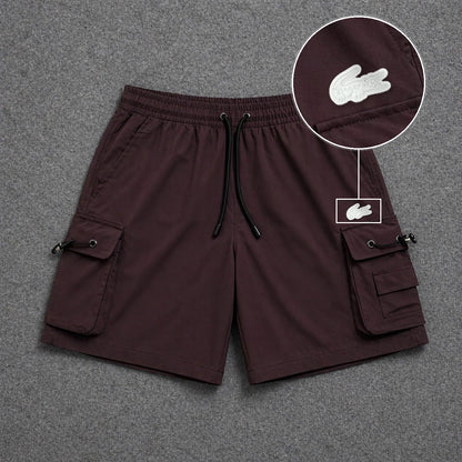 Short Cargo Streetwear Dual Pocket Marrom com patch Lacoste Sp Branco