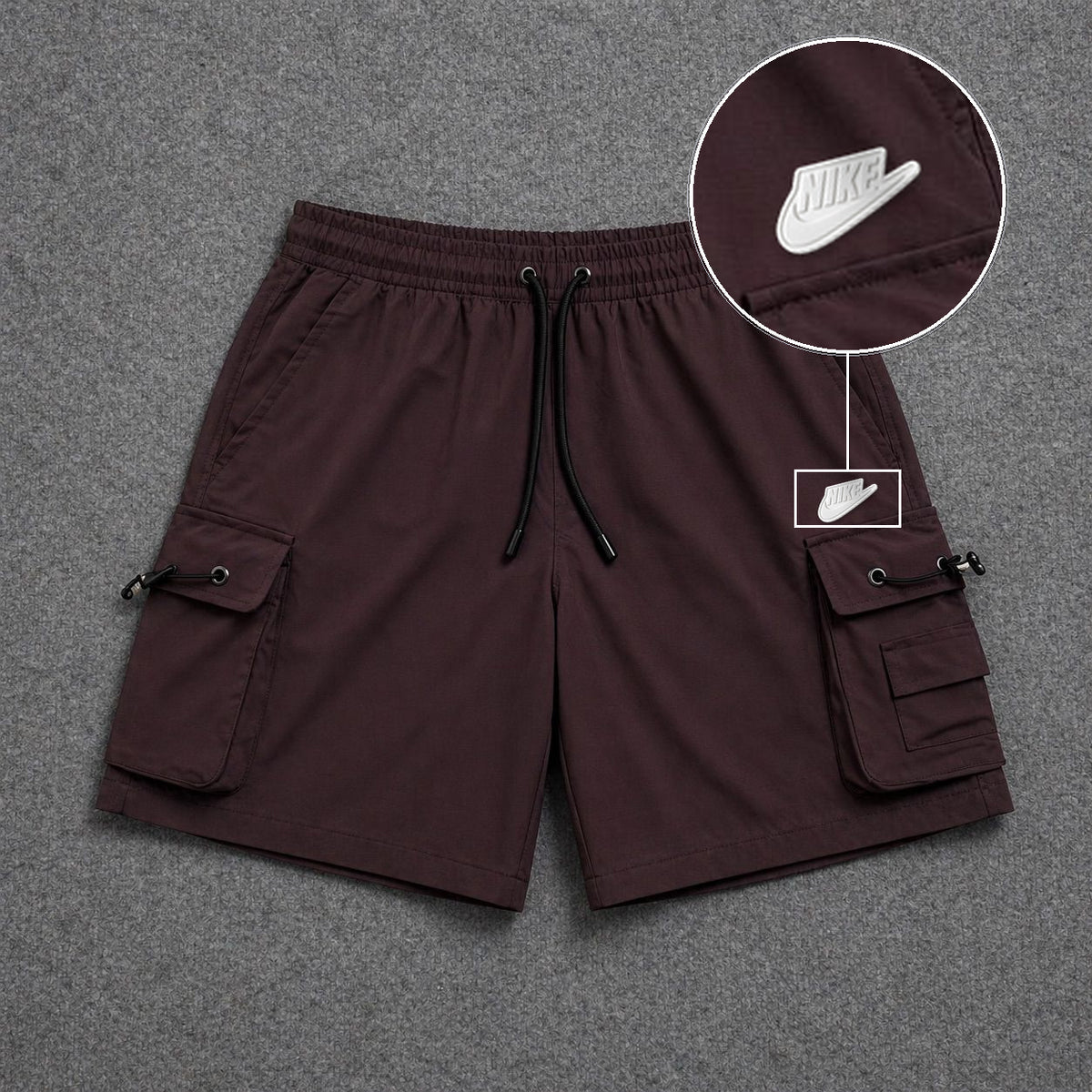 Short Cargo Streetwear Dual Pocket Marrom com patch Nike Branco