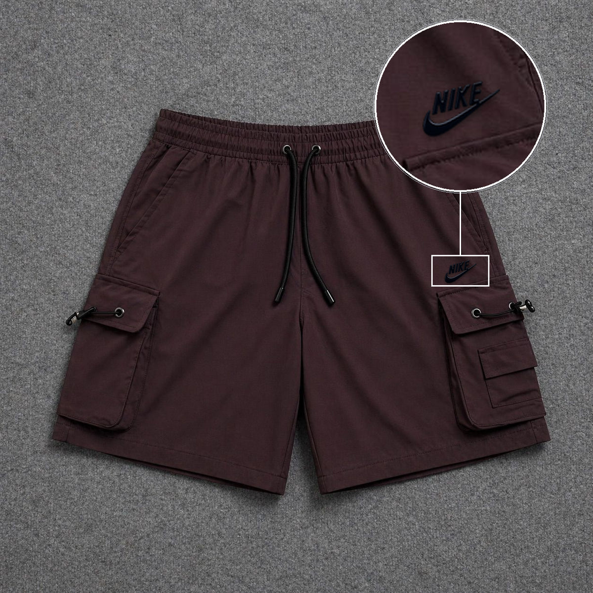 Short Cargo Streetwear Dual Pocket Marrom com patch Nike Escrita Sp Preto