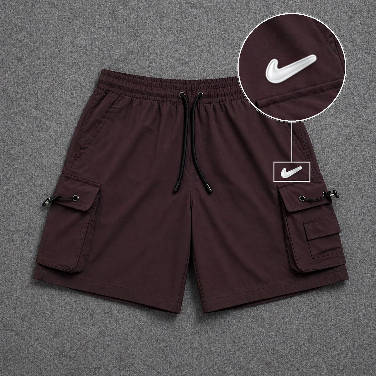 Short Cargo Streetwear Dual Pocket Marrom com patch Nike Facao Sp Branca